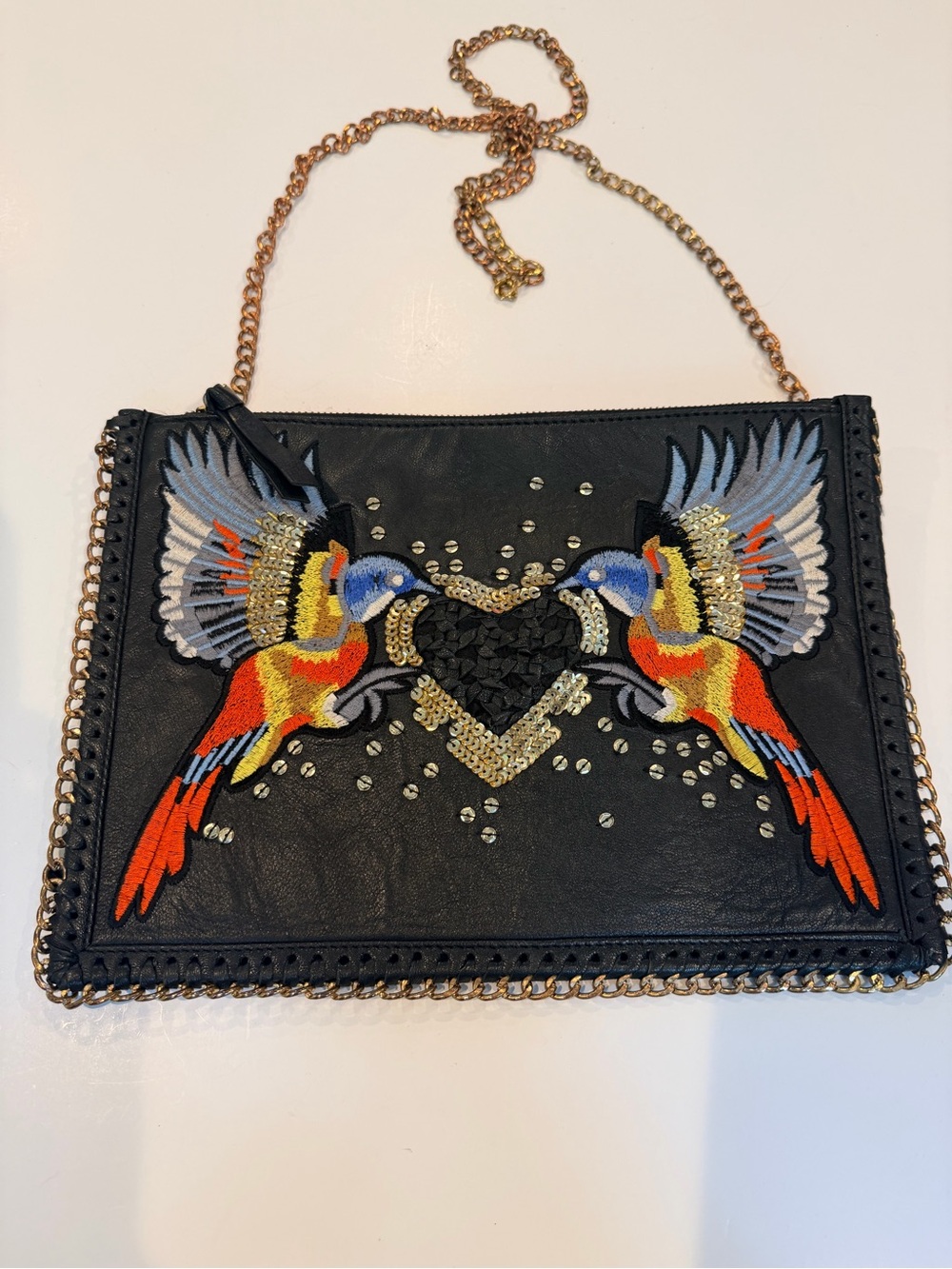 Topshop Black Crossbody Bag with Embroidered Colorful Birds